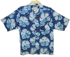 Sz L HANA BAY Hawaiian Aloha Shirt Tropical Floral & Surfers Rayon Blue/Aqua