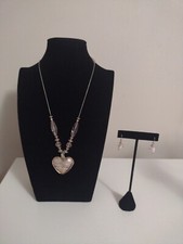 Shimmer Pink Glass Heart Silver Tone Necklace And Pierced Earrings Set Jewelry