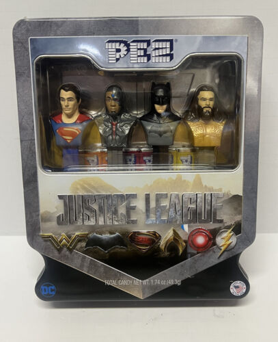 JUSTICE LEAGUE PEZ DISPENSER DC Gift Tin Box Set Superman Batman Aquaman Cyborg - Picture 1 of 11