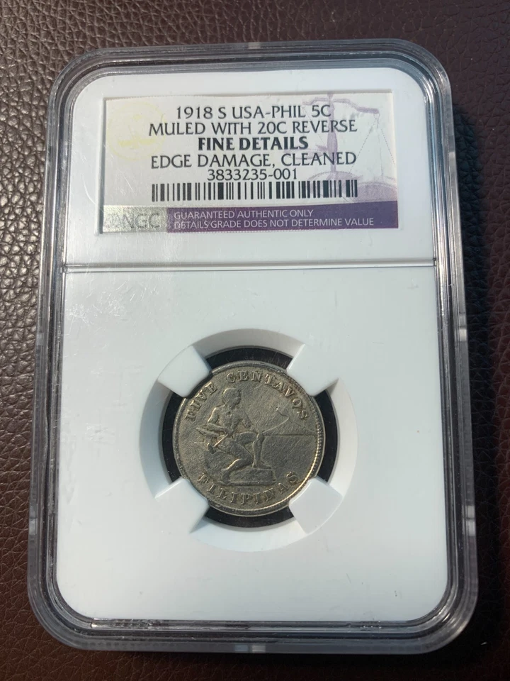 US PHILIPPINES 5 CENTAVO 1918-S MULED W/ 20 CENTAVO REVERSE NGC F DETAILS SCARCE - Image 2 of 4