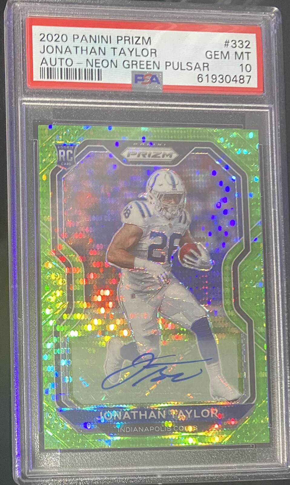 JONATHAN TAYLOR 2020 PANINI NEON GREEN PULSAR PRIZM ROOKIE AUTO #332 PSA 10 RC