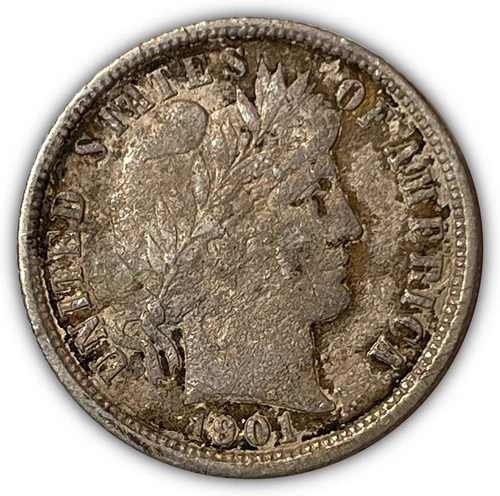 1901-O Barber Silver Dime Almost Uncirculated AU Coin, Corrosion #8683