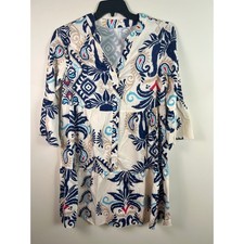 Abstract Print Navy Cream Tiered Midi Dress Bell Sleeves V Neck Boho Tribal Sz M