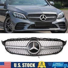 Black Front Grille Grill W/Emblem For Mercedes Benz W205 C-Class C300 2019-2021