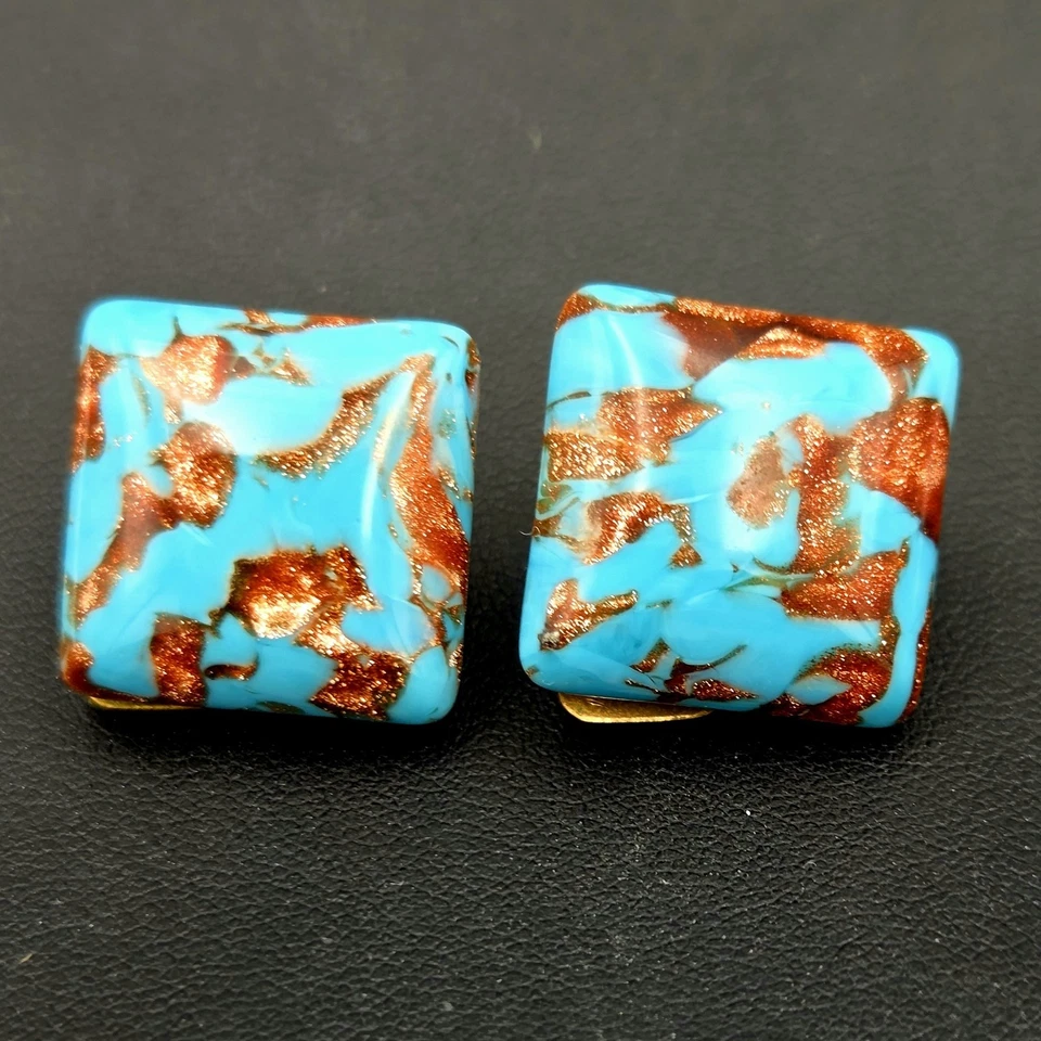 Квадратные серьги из муранского художественного стекла с голубым авантюриновым медным акцентом Италия - Изображение 2 из 4