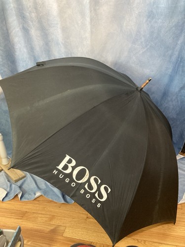 Vintage 1990s HUGO BOSS Stick Umbrella Black Large 39” Long Wood Handle Retro