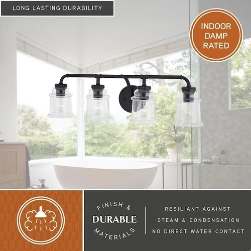 VAXCEL W0351 Toledo 4 Light Black Industrial Bathroom Vanity Fixture Clear Glass - Picture 3 of 10