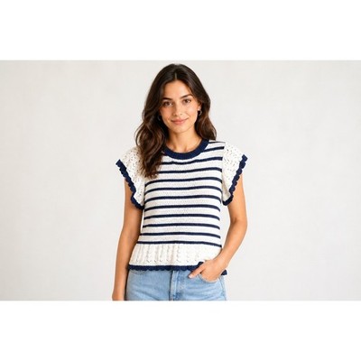 Lovetrend New York Striped Knit Top Flutter Sleeve Scalloped Peplum  PM