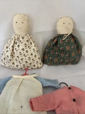 Set of 2 Handmade Primitive Rag Dolls w/ Mini Clothes on Hangers Vintage Country