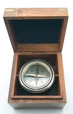 Vintage Boat Desk Compass in Wood Box with Brass Finger Joints and Inlaid Anchor Vintage Boat Desk Compass in Wood Box with Brass Finger Joints and Inlaid Anchor - Image 1