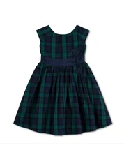 Hope & Henry  Organic Party Dress Bow Sash Green Blue Plaid Sz 3 Holiday Photo
