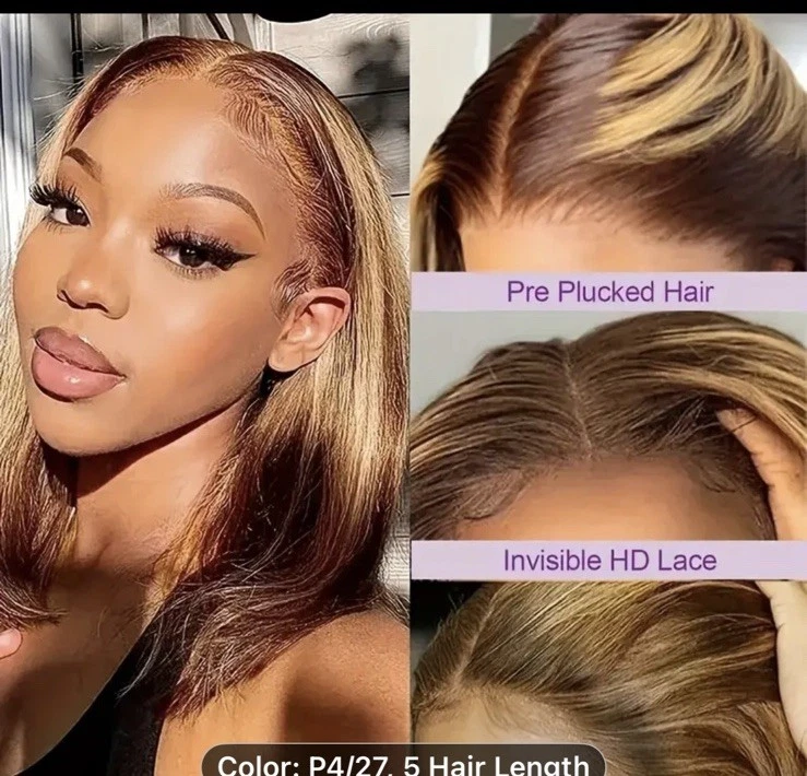 "Frente de encaje bob marrón oscuro y rubio 8"" 100 % cabello humano 180 % densidad". Foto 3 de 4