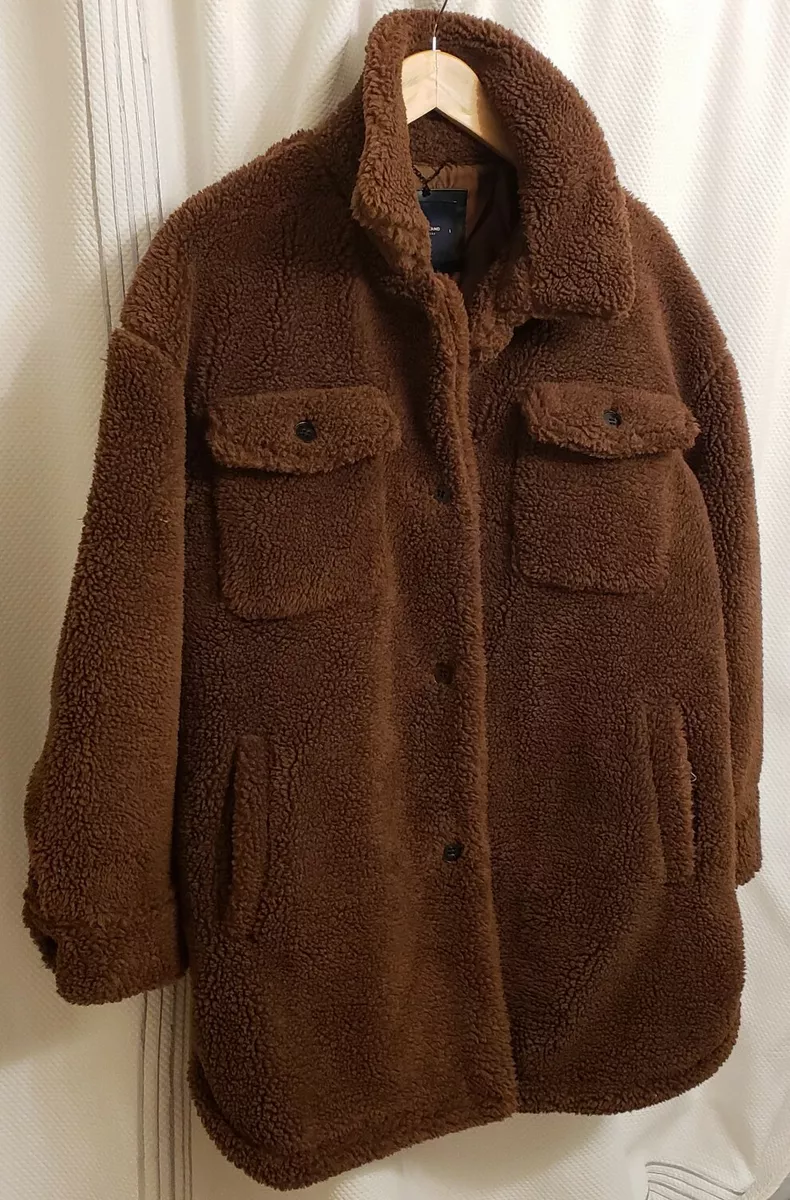 🆕LUCKY BRAND Pecan Shearling Faux Fur Fuzzy🐻 Oversize Shacket Coat Jacket  LRG