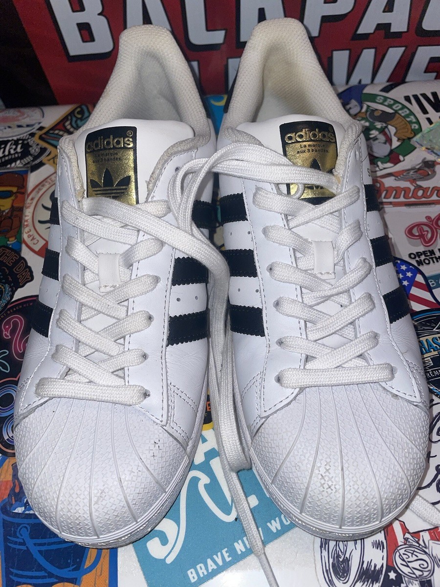 Wmns Sz 8.5 Adidas Superstar White/Gold 3 Stripe OG Gold Tongue