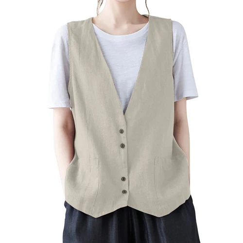 Mujeres Algodón Lino Sin Mangas Chaleco Abrigo Damas Botones Chaleco Informal Camiseta sin Mangas - Imagen 41 de 45