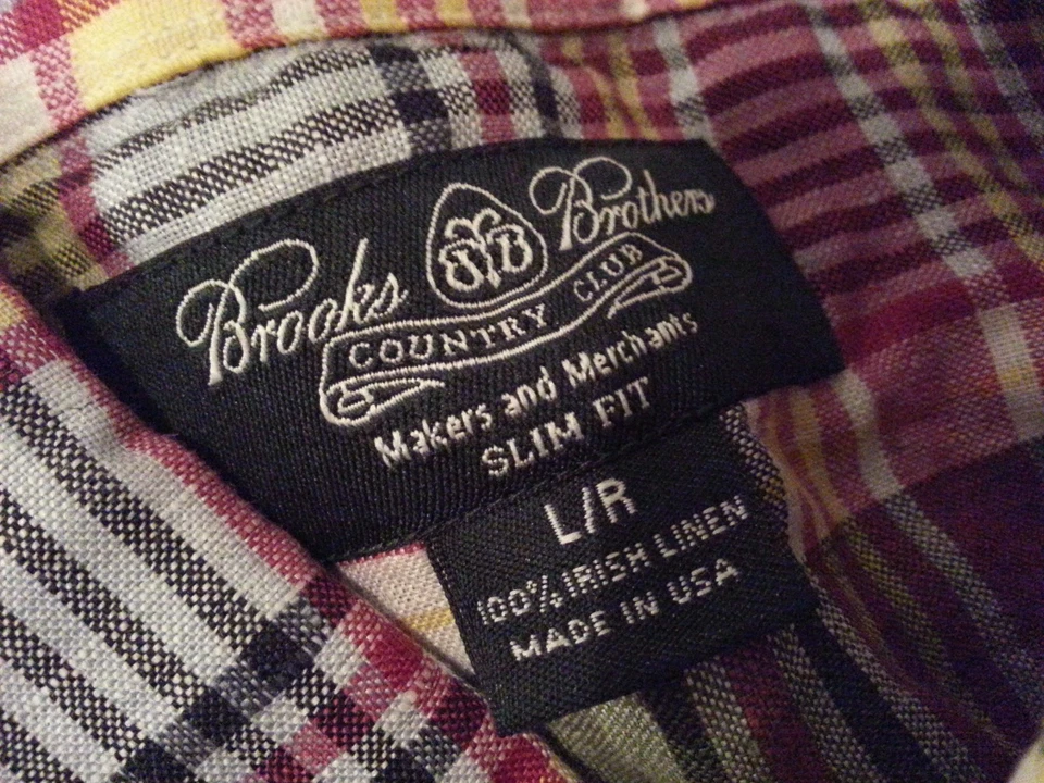 Camisa de vestir de lino a cuadros Brooks Brothers para hombre L grande botón rojo Foto 4 de 4