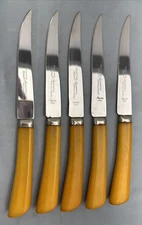 5 Westall Richardson Butterscotch Bakelite Handled Steak Knives Forever Sharp