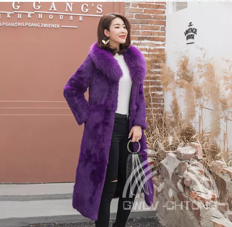 Real rabbit fur coat with fox fur collar women long purple jacket overcoat