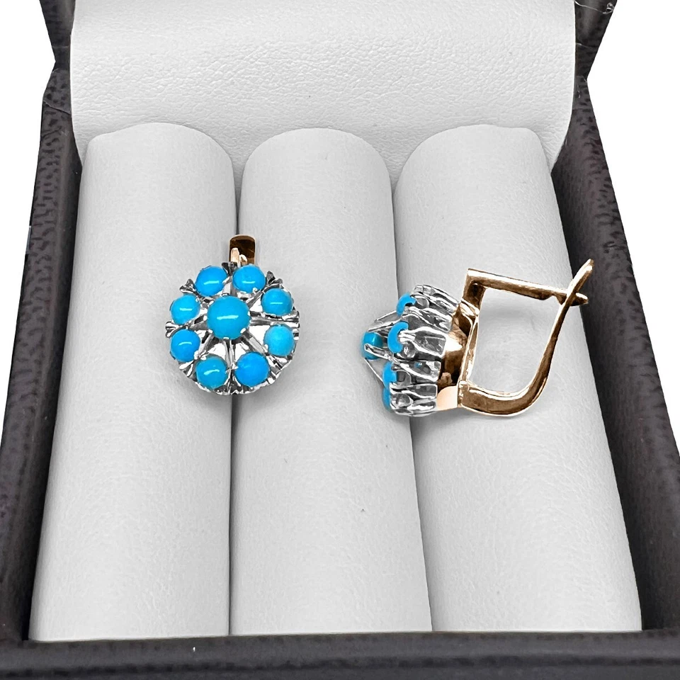 Pendientes Malinka Turquesa Genuina Oro Rosa y Blanco 14k #E1481 Foto 4 de 4