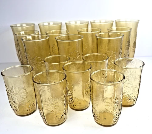19 Vintage Anchor Hocking Amber Spring Song Honey Daisy Tumblers 16 12 6 Oz