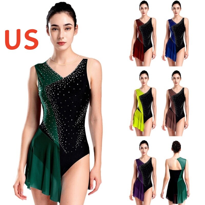 Sparkly Rhinestone Color Block Unitard for US Women's Figure Skating Dance Costume