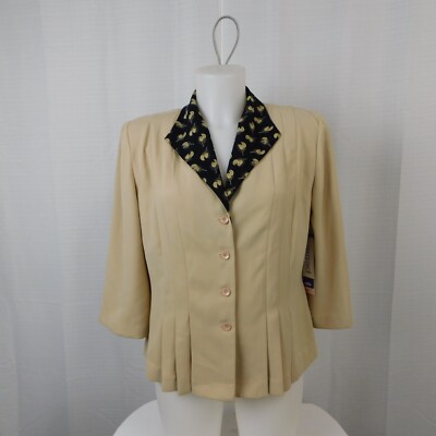 Danny & Nicole Petite Tulip Print Collar Button-Up Blazer Beige Black 10P