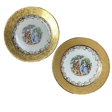 Vintage Syracuse China 22K Gold Victorian Scene Couple Plates O.P. Co 6 1/4"