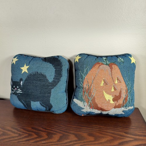 Tapestry Halloween Black Cat & Pumpkin Pillow Set 7.5" x 7.5 Spooky Scary Decor