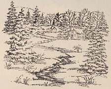 Northwoods Winter Landscape Woods Church Houses Rubber Stamp