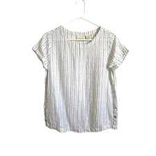 Cynthia Rowley short sleeve linen shirt blue white stripes side buttons Size S