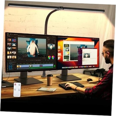 Double Head LED Desk Lamp with Remote Control for Home Office 24W Clamp Black