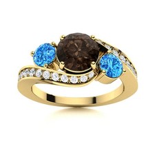 925 Silver Gold Plated Three Stone Round Smoky Quartz  Swiss Blue Topaz Ring