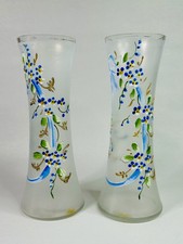 Antica coppia di vasi cilindrici in vetro smaltato dipinti a mano fascia dorata