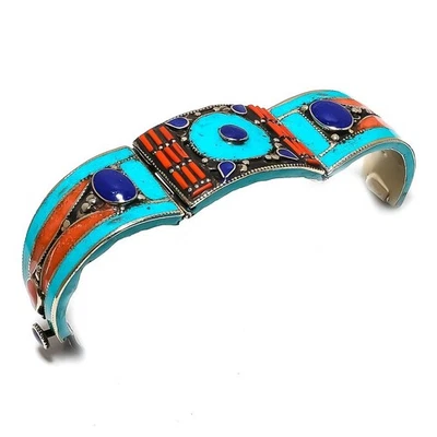 Manchette en corail turquoise lapis-lazuli fait main bijoux vintage... - Photo 1/4