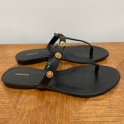 Versace Flat Sandal Women 37  7 Black T Strap Medusa Emblem Stud Luxury Designer