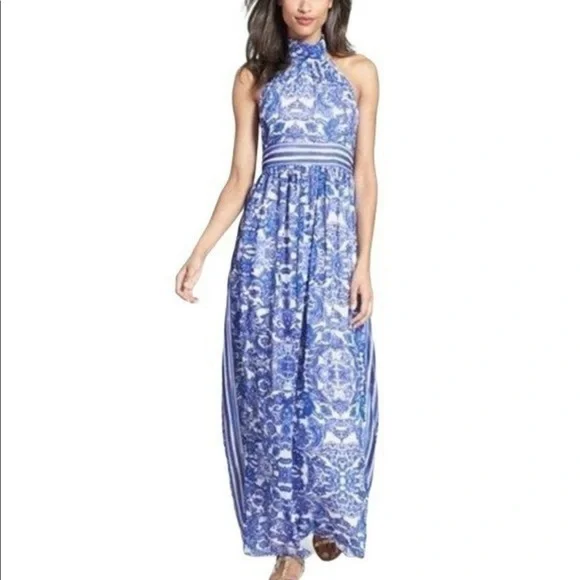 eliza j blue and white maxi dress Eliza J Floral Halter Maxi Dress In Ivory Blue