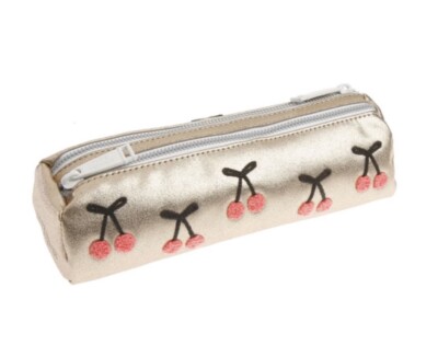 Jeune Premier Pencil Case Double Cherry Pompon Gold 2 Compartments Zippers NWOT