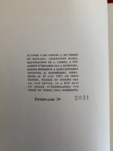 RARE - RONSARD - LES AMOURS - ILLUSTRATIONS CALBET - NUMEROTE  - 1937 - Picture 6 of 10