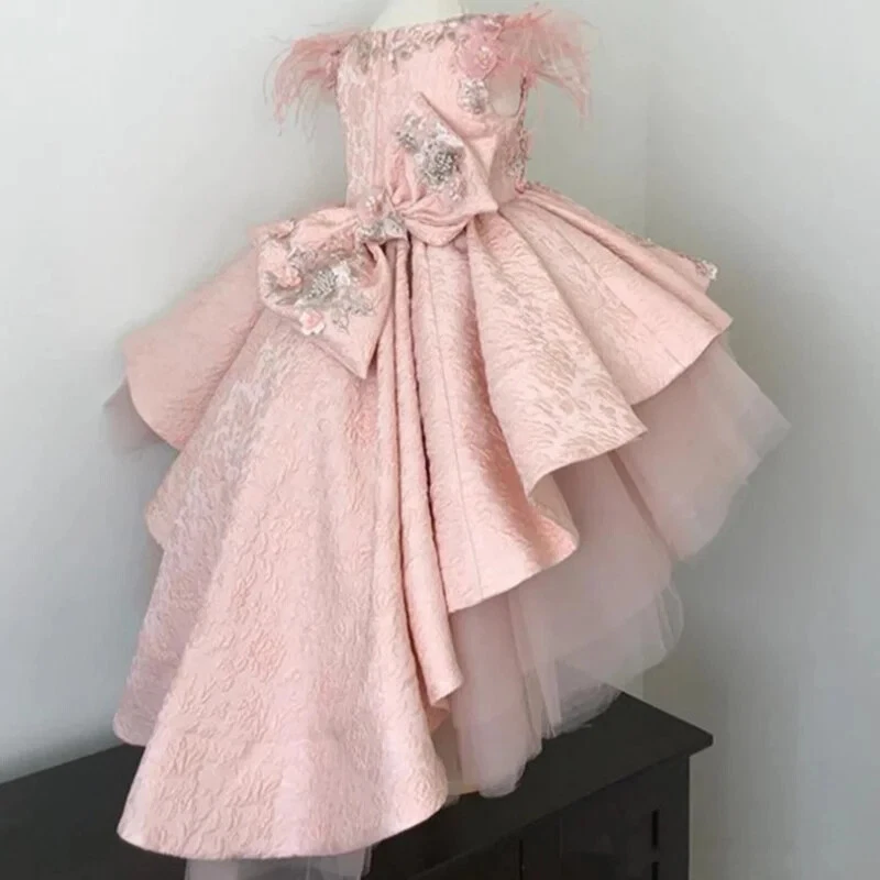 Flower Girl Dresses Pink Tulle Puffy Satin Sleeve Birthday Banquet Princess Gown - Image 2 of 4