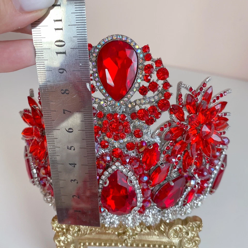 DIADEMA DE PELO NUPCIAL REINA CORONA ESTRÁS ROJO BODA TIARA CRISTAL CONCURSOS Foto 4 de 4