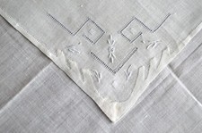VINTAGE HANKY 1920s WHITE LINEN W/ BABY BLUE EMBROIDERY TRIM PUNCH WORK W/TAG