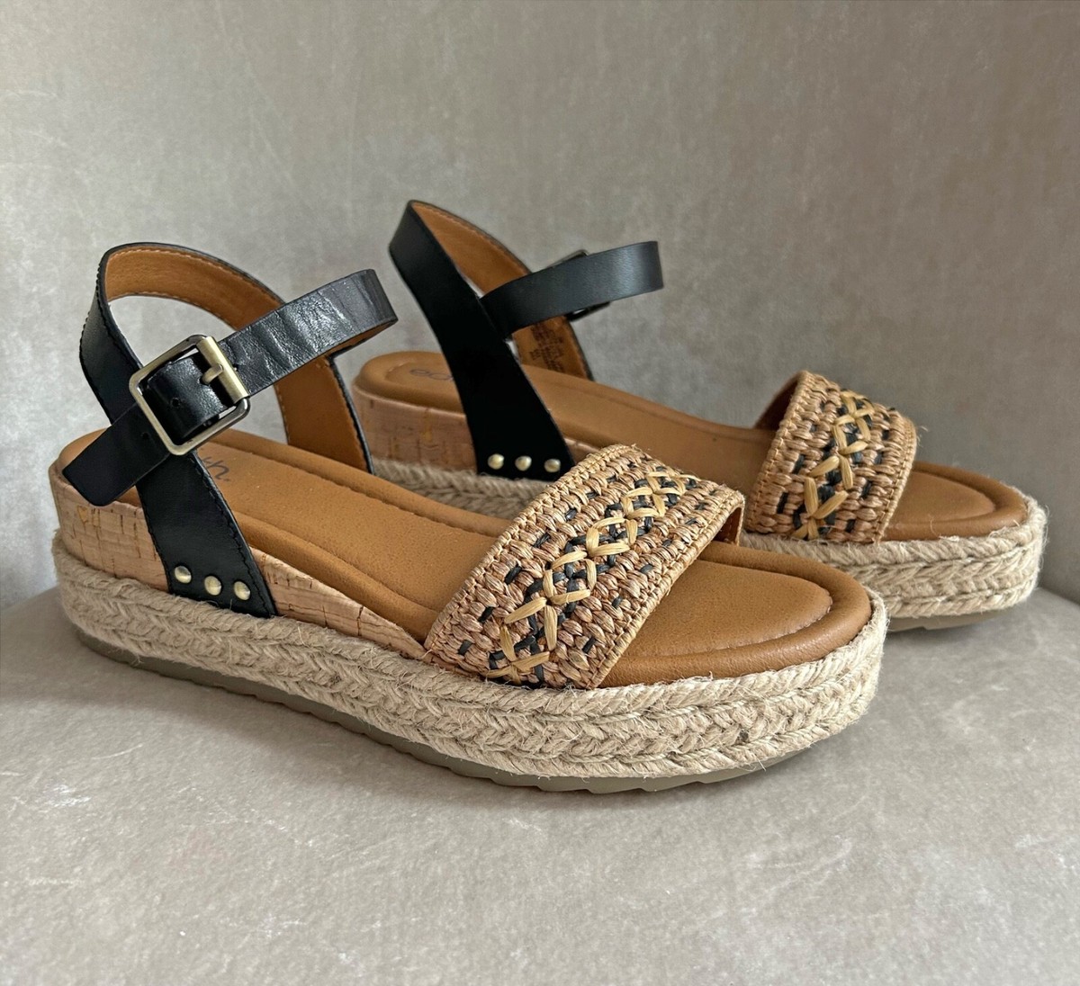 NEW! Earth Collins Platform Wedge Ankle Strap Leather Sandals, Tan Black,  Sz