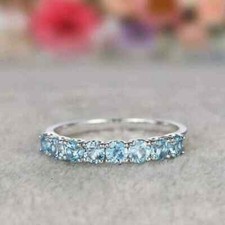 Round Lab Created Blue Topaz Half Eternity Wedding Ring 14K White Gold Plated