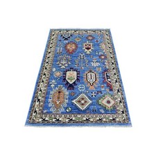 3'7" x 5'4" Light Blue Hand Knotted Afghan Ersari Pure Wool Rug R72413