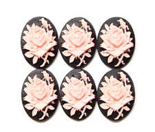 8 Vintage Pink over Black 25x18mm Gorgeous 3D Rose Bloom Resin Cameos Cabochons