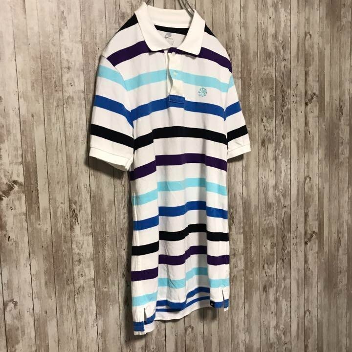 トップス NIKE border design polo shirt size M NIKE Blue Men's Border Logo Embroidery Polo Shirt Short
