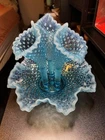 10" Fenton Glass Blue Opalescent Diamond Lace 3 Horn Epergne
