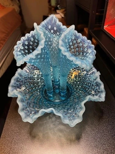10" Fenton Glass Blue Opalescent Diamond Lace 3 Horn Epergne
