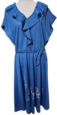 Vtg 70s Fredericks Of Hollywood Blue Floral Bird Midi Dress M/L Ruffle Romantic