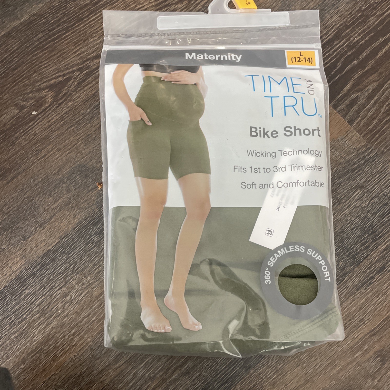 Time and Tru Maternity Bike Shorts L (12-14) Olive Seamless Wicking Support